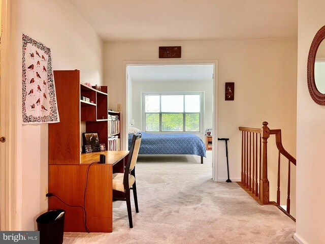 bedroom with light colored carpet