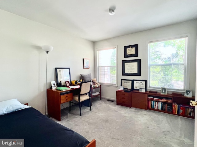 bedroom with multiple windows, light colored carpet, and baseboards