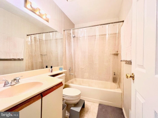 bathroom featuring tile patterned floors, shower / tub combo, toilet, and vanity