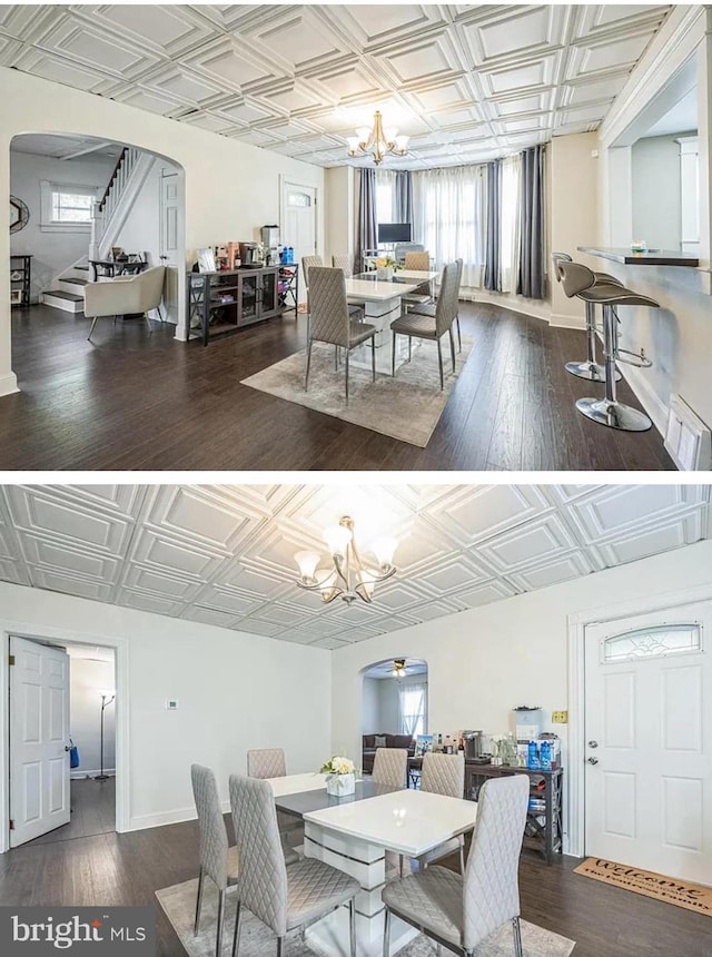 840 S 2nd St, Millville, NJ 08332 - dining room with a chandelier, plenty of natural light, an ornate ceiling, stairway, and arched walkways