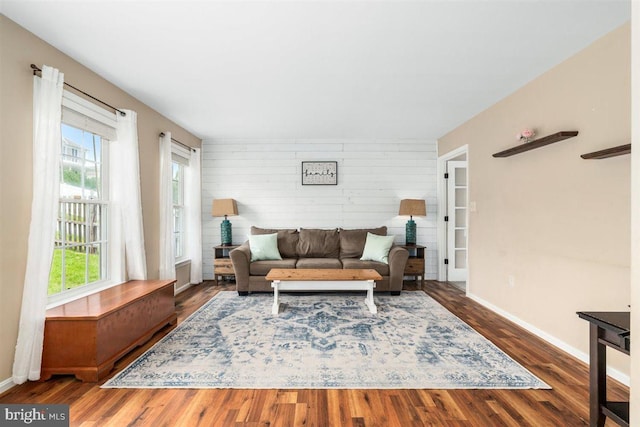105 Bachtell Cir, Smithsburg, MD 21783 - living room featuring plenty of natural light, baseboards, wood finished floors, and wooden walls