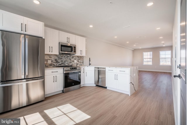 kitchen with stainless steel appliances, a peninsula, white cabinetry, light wood-style flooring, and backsplash