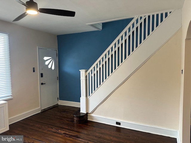 3406 Richmond St, Philadelphia, PA 19134 - entryway with a ceiling fan, wood finished floors, baseboards, and stairs