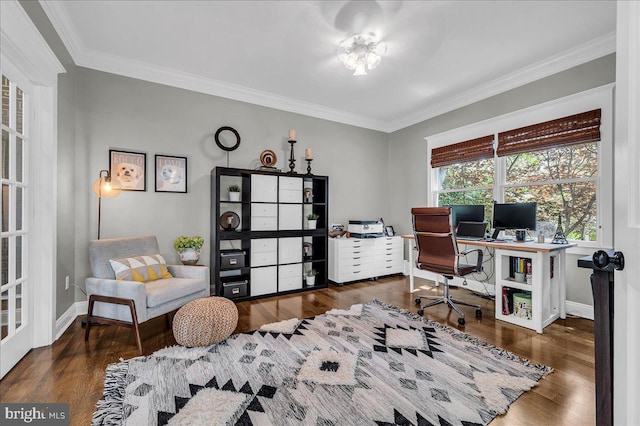 office area with crown molding, wood finished floors, and baseboards