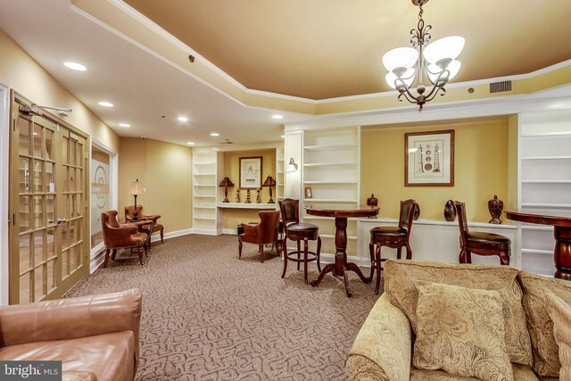 1001 N Vermont St Unit 403, Arlington, VA 22201 - living room with carpet flooring, baseboards, recessed lighting, ornamental molding, and a chandelier