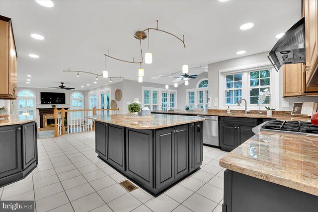 6014 Marilyn Dr, Alexandria, VA 22310 - kitchen featuring ceiling fan, dishwasher, range hood, light stone counters, and recessed lighting