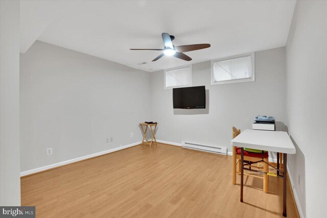 6014 Marilyn Dr, Alexandria, VA 22310 - office area with a baseboard radiator, wood finished floors, ceiling fan, and baseboards