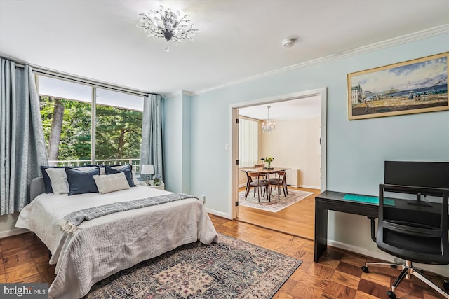 4100 Cathedral Ave NW Unit 818, Washington, DC 20016 - bedroom with a chandelier, crown molding, baseboards, and a desk