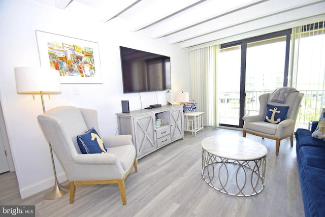 7604 Coastal Hwy Unit 2B, Ocean City, MD 21842 - living room featuring light wood-type flooring, beamed ceiling, and baseboards