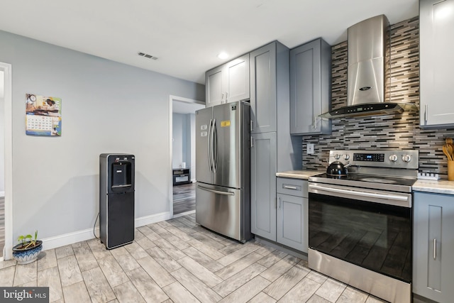 321 Taft St, Bristol, PA 19007 - kitchen with appliances with stainless steel finishes, wall chimney range hood, gray cabinets, baseboards, and decorative backsplash