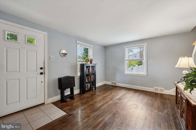 entryway featuring plenty of natural light, dark wood-style floors, and baseboards