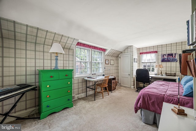 100 Chesney Ln, Erdenheim, PA 19038 - bedroom featuring an office area, carpet flooring, wallpapered walls, and vaulted ceiling