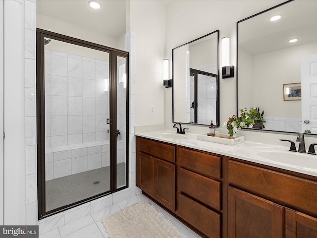 525 Leftwich Ln Unit 78, Annapolis, MD 21401 - bathroom featuring a shower stall, recessed lighting, double vanity, and tile patterned floors