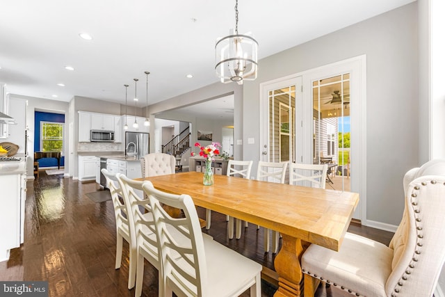 5519 Golden Eagle Rd, Frederick, MD 21704 - dining area featuring stairway, dark wood-style floors, recessed lighting, a chandelier, and baseboards