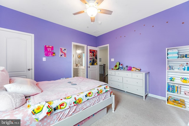 5519 Golden Eagle Rd, Frederick, MD 21704 - bedroom with light carpet, baseboards, a ceiling fan, and connected bathroom