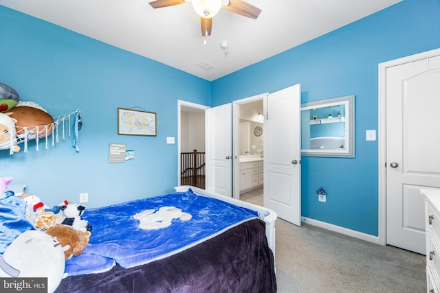 5519 Golden Eagle Rd, Frederick, MD 21704 - bedroom featuring light carpet, ensuite bath, baseboards, and ceiling fan