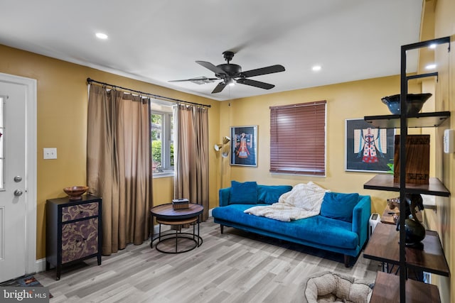 449 7th Ave, Lindenwold, NJ 08021 - living room with wood finished floors, a ceiling fan, and recessed lighting