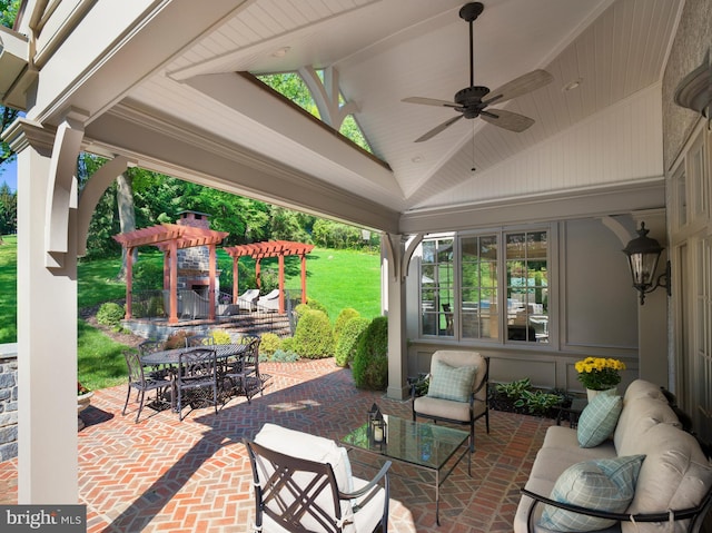 view of patio / terrace featuring a pergola, outdoor dining area, ceiling fan, and outdoor lounge area