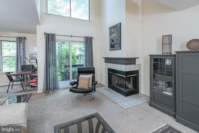 36F Needham Way, Princeton, NJ 08540 - living room with carpet flooring, a high ceiling, plenty of natural light, and a fireplace