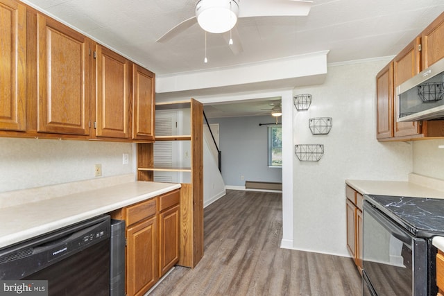 3135 Sollers Point Rd, Baltimore, MD 21222 - kitchen featuring a ceiling fan, black appliances, light wood-type flooring, brown cabinetry, and crown molding