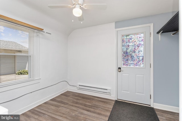 3135 Sollers Point Rd, Baltimore, MD 21222 - unfurnished room featuring a baseboard radiator, wood finished floors, baseboards, and ceiling fan