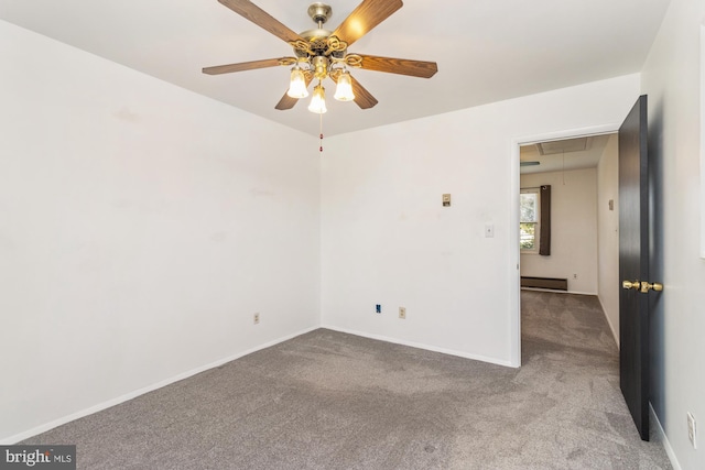 3135 Sollers Point Rd, Baltimore, MD 21222 - empty room featuring attic access, carpet floors, a baseboard radiator, and a ceiling fan
