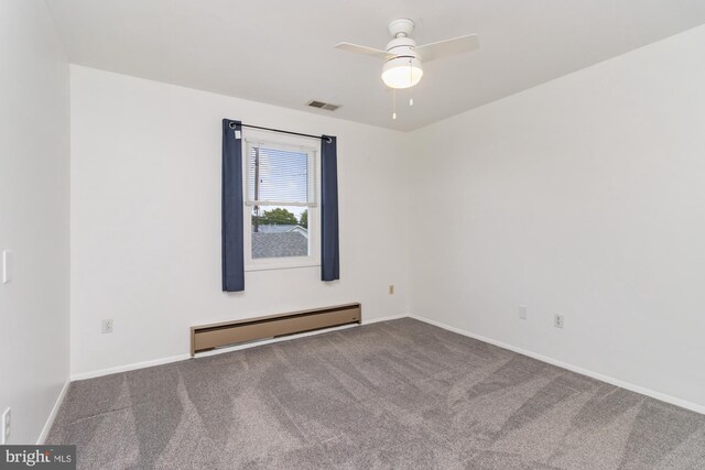 3135 Sollers Point Rd, Baltimore, MD 21222 - carpeted empty room with a baseboard radiator, ceiling fan, and baseboards