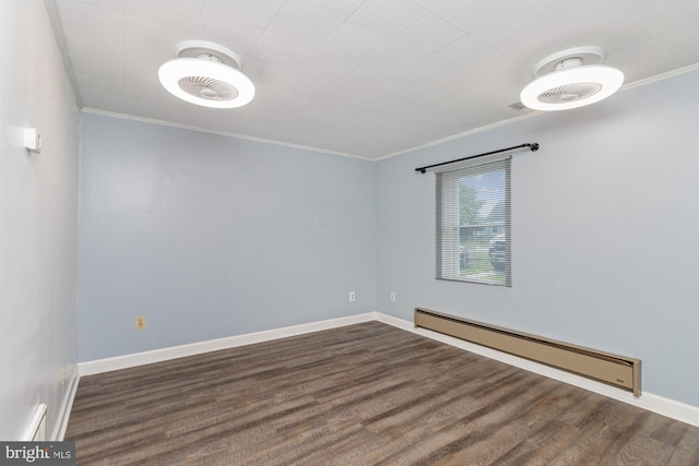 3135 Sollers Point Rd, Baltimore, MD 21222 - unfurnished room featuring a baseboard radiator, crown molding, wood finished floors, and baseboards