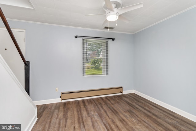 3135 Sollers Point Rd, Baltimore, MD 21222 - unfurnished room featuring a baseboard radiator, wood finished floors, ceiling fan, ornamental molding, and baseboards