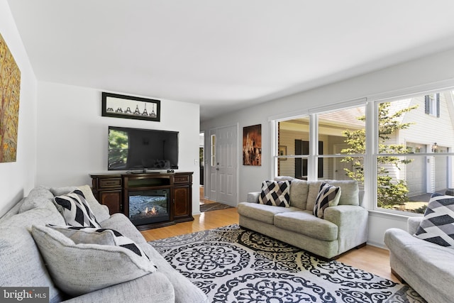 living room featuring a glass covered fireplace and light wood-style flooring