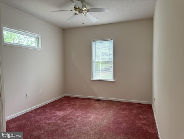 empty room with healthy amount of natural light, carpet flooring, and a ceiling fan