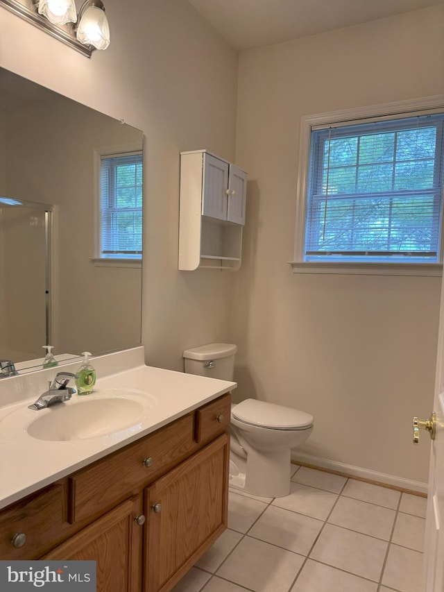 bathroom featuring tile patterned flooring, toilet, and vanity