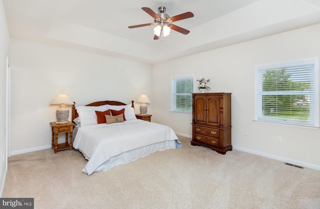 bedroom with multiple windows, a tray ceiling, and carpet flooring