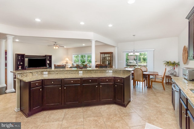 kitchen with decorative columns, open floor plan, a ceiling fan, stainless steel dishwasher, and recessed lighting