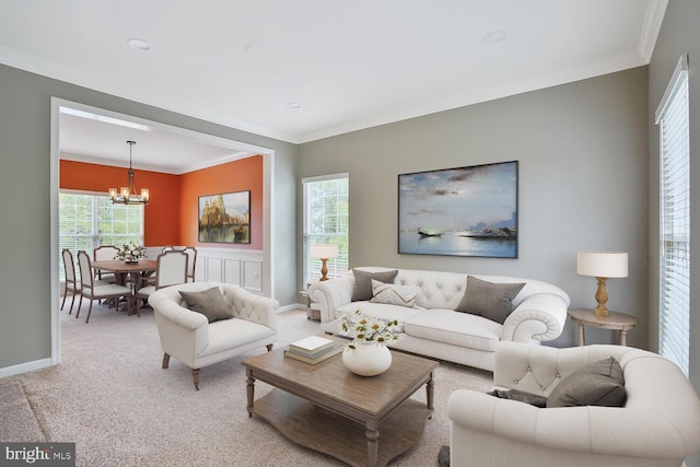 43413 Countrywalk Ct, Ashburn, VA 20147 - living room with a chandelier, ornamental molding, carpet flooring, and baseboards