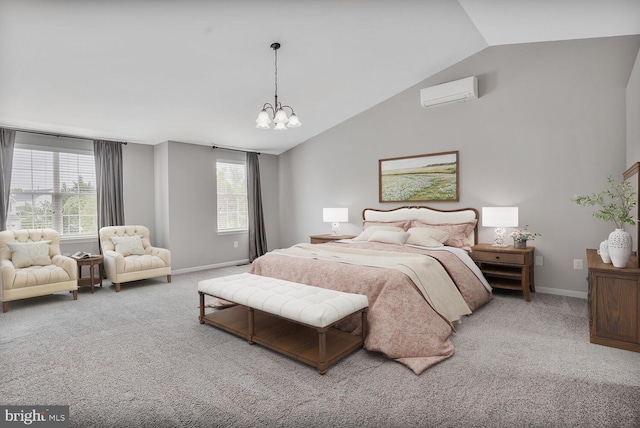 43413 Countrywalk Ct, Ashburn, VA 20147 - bedroom featuring a wall mounted air conditioner, carpet, a chandelier, baseboards, and high vaulted ceiling