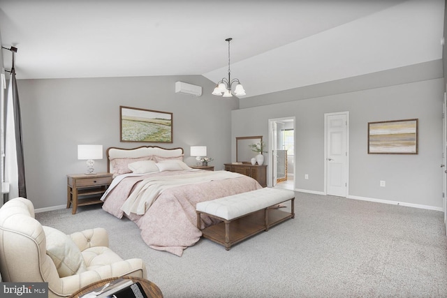 43413 Countrywalk Ct, Ashburn, VA 20147 - carpeted bedroom featuring baseboards, lofted ceiling, a chandelier, an AC wall unit, and connected bathroom