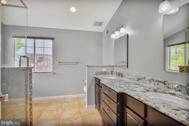 43413 Countrywalk Ct, Ashburn, VA 20147 - full bathroom with baseboards, lofted ceiling, a stall shower, double vanity, and toilet