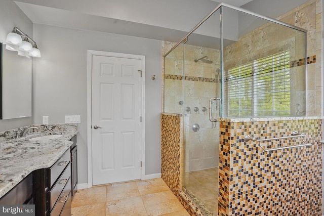 43413 Countrywalk Ct, Ashburn, VA 20147 - bathroom featuring a stall shower, vanity, and baseboards