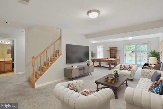 43413 Countrywalk Ct, Ashburn, VA 20147 - living area with light carpet, stairs, baseboards, and billiards