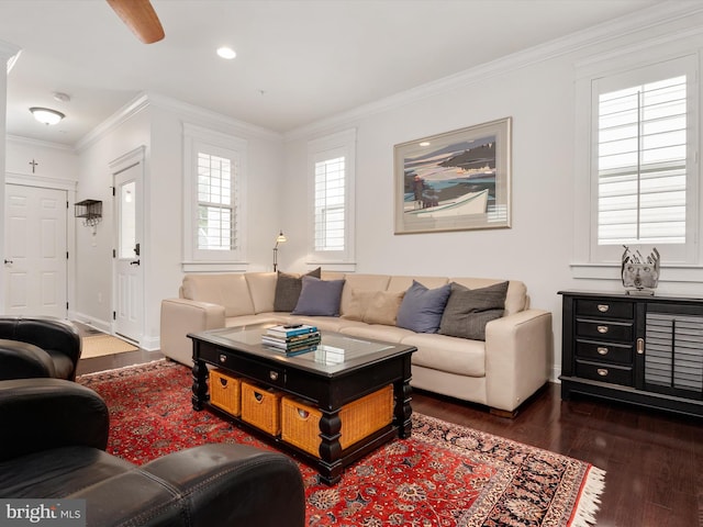 816 Bay Ridge Ave, Annapolis, MD 21403 - living area with dark wood finished floors, baseboards, recessed lighting, and ornamental molding