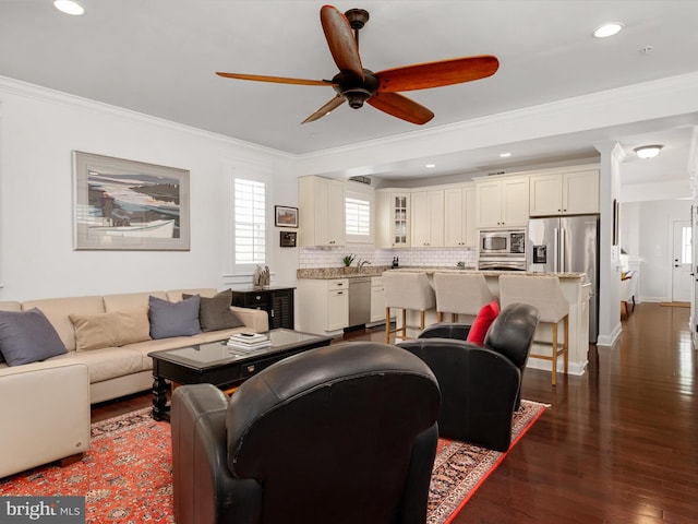 816 Bay Ridge Ave, Annapolis, MD 21403 - living area with a ceiling fan, ornamental molding, dark wood-style flooring, recessed lighting, and baseboards