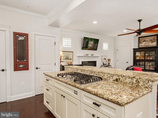 816 Bay Ridge Ave, Annapolis, MD 21403 - kitchen featuring stainless steel gas stovetop, open floor plan, crown molding, light stone counters, and a ceiling fan