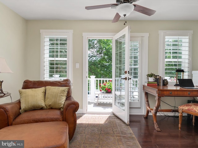 816 Bay Ridge Ave, Annapolis, MD 21403 - doorway to outside featuring french doors, wood finished floors, ceiling fan, and an office area