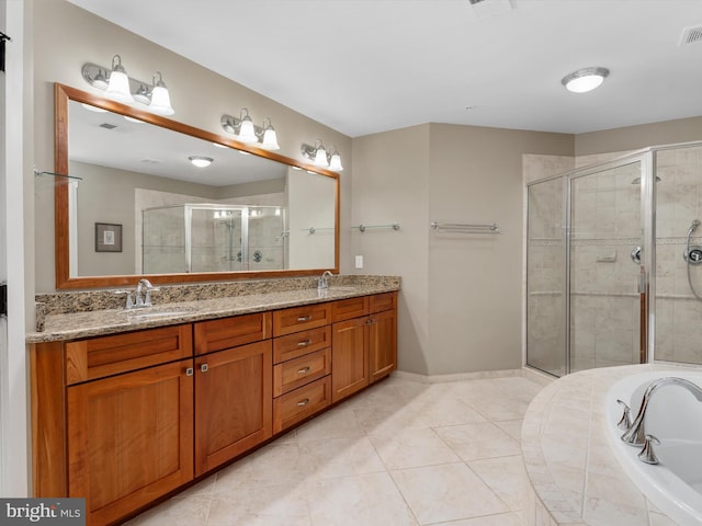 816 Bay Ridge Ave, Annapolis, MD 21403 - full bathroom with a stall shower, double vanity, tile patterned flooring, tiled tub, and baseboards