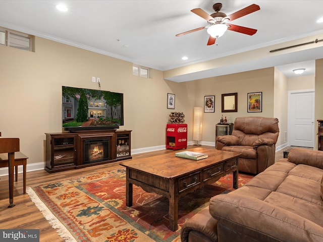 816 Bay Ridge Ave, Annapolis, MD 21403 - living area with ornamental molding, wood finished floors, baseboards, a ceiling fan, and recessed lighting