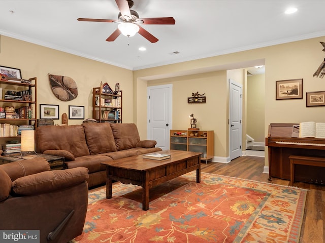 816 Bay Ridge Ave, Annapolis, MD 21403 - living room with wood finished floors, ornamental molding, ceiling fan, recessed lighting, and baseboards