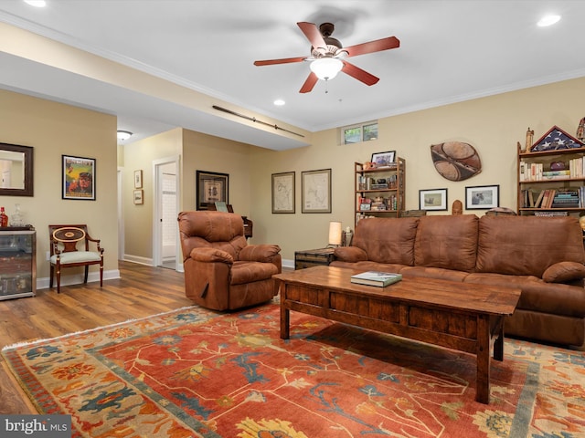 816 Bay Ridge Ave, Annapolis, MD 21403 - living room with ceiling fan, wood finished floors, baseboards, recessed lighting, and crown molding