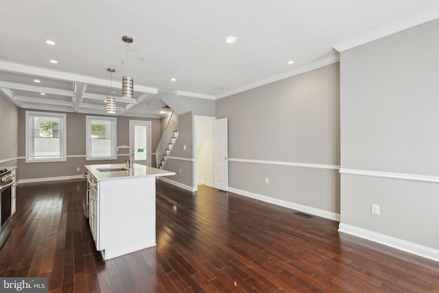 1208 Shepherd St NW, Washington, DC 20011 - kitchen featuring a sink, baseboards, ornamental molding, a center island with sink, and dark wood-type flooring