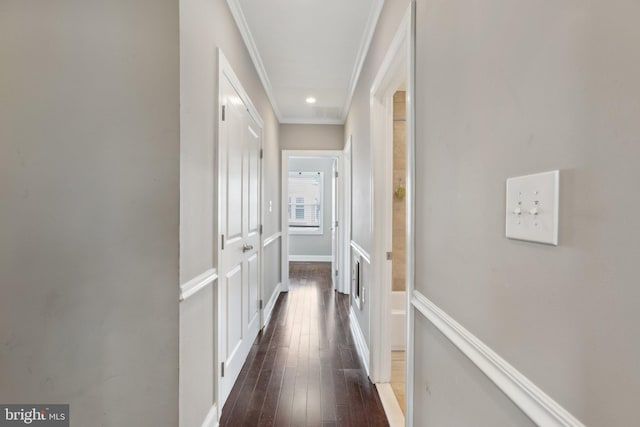 1208 Shepherd St NW, Washington, DC 20011 - hallway with ornamental molding, dark wood-style flooring, and baseboards